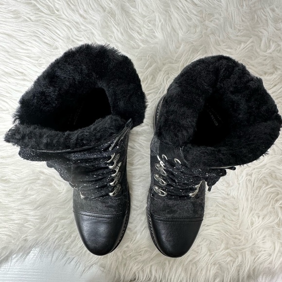 Frye Women’s Samantha Black Leather Canvas Shearling Combat Hiking Boots Size 8 - Picture 12 of 15